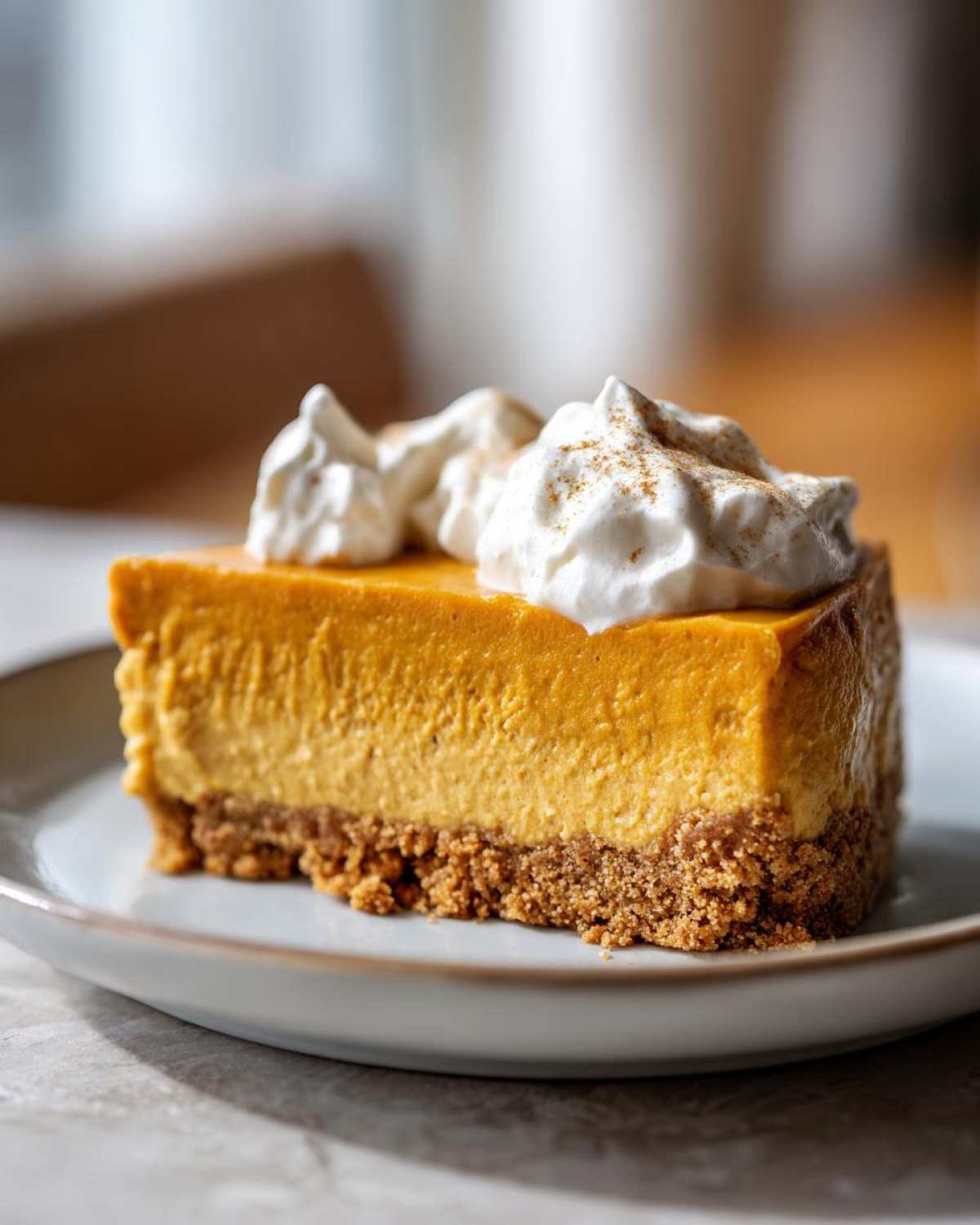 A delicious slice of mini pumpkin cheesecake topped with whipped cream and a sprinkle of cinnamon.