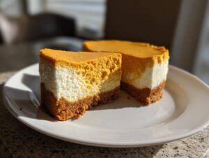 Two slices of mini pumpkin cheesecake on a white plate, showcasing the graham cracker crust, creamy white filling, and pumpkin topping.