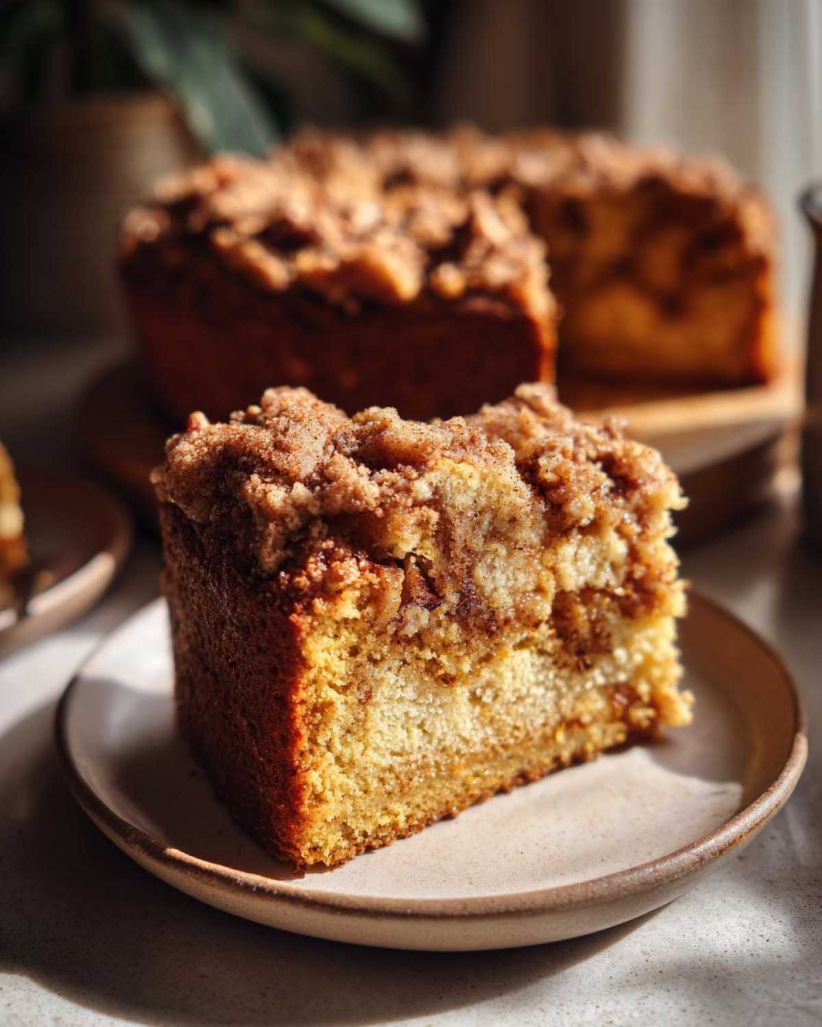 A close-up of a moist pumpkin coffee cake slice with a thick cinnamon streusel topping on a plate.