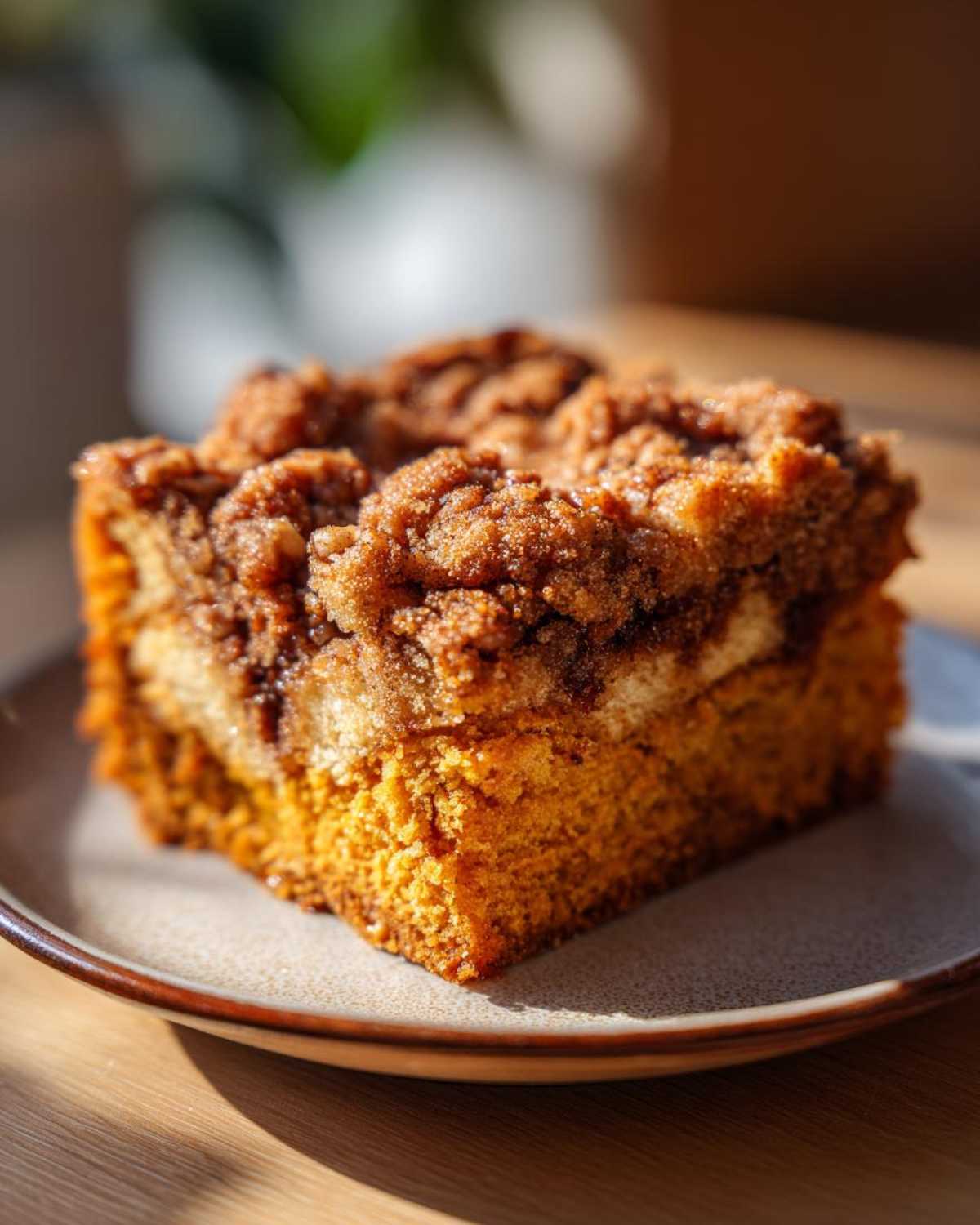 A slice of moist pumpkin coffee cake with a thick cinnamon streusel topping on a plate.