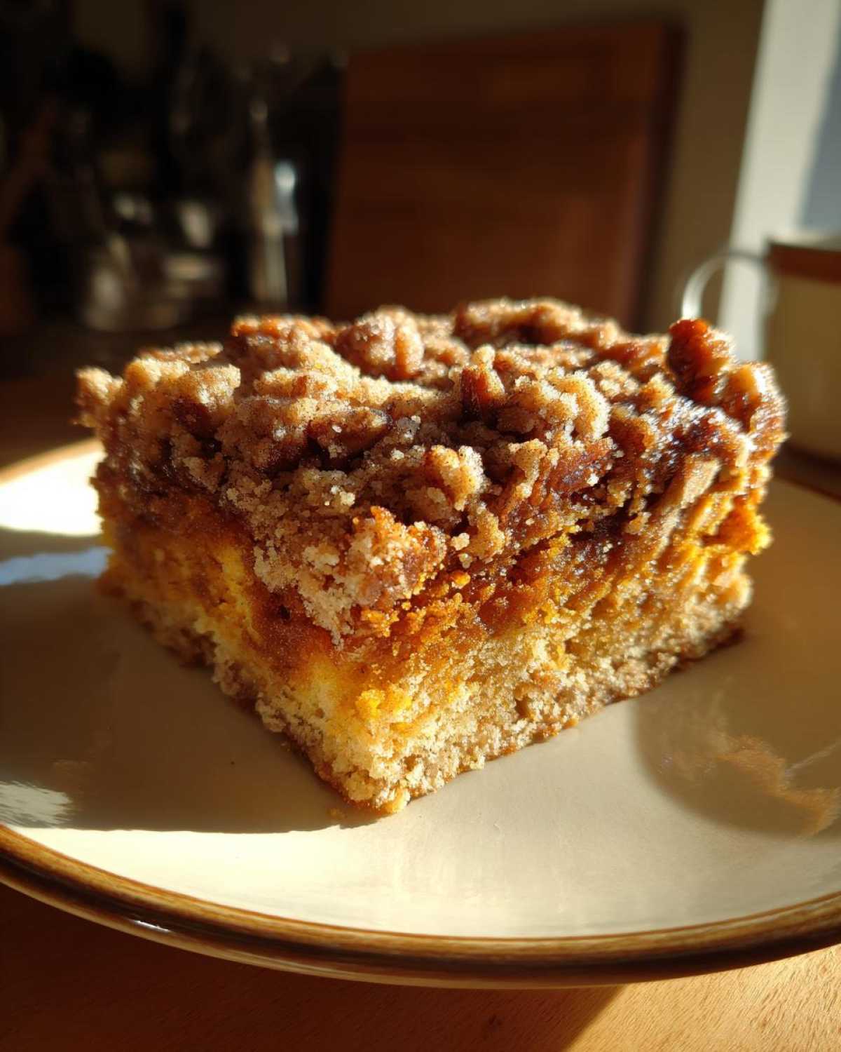 A slice of moist pumpkin coffee cake topped with a generous cinnamon streusel on a light-colored plate.