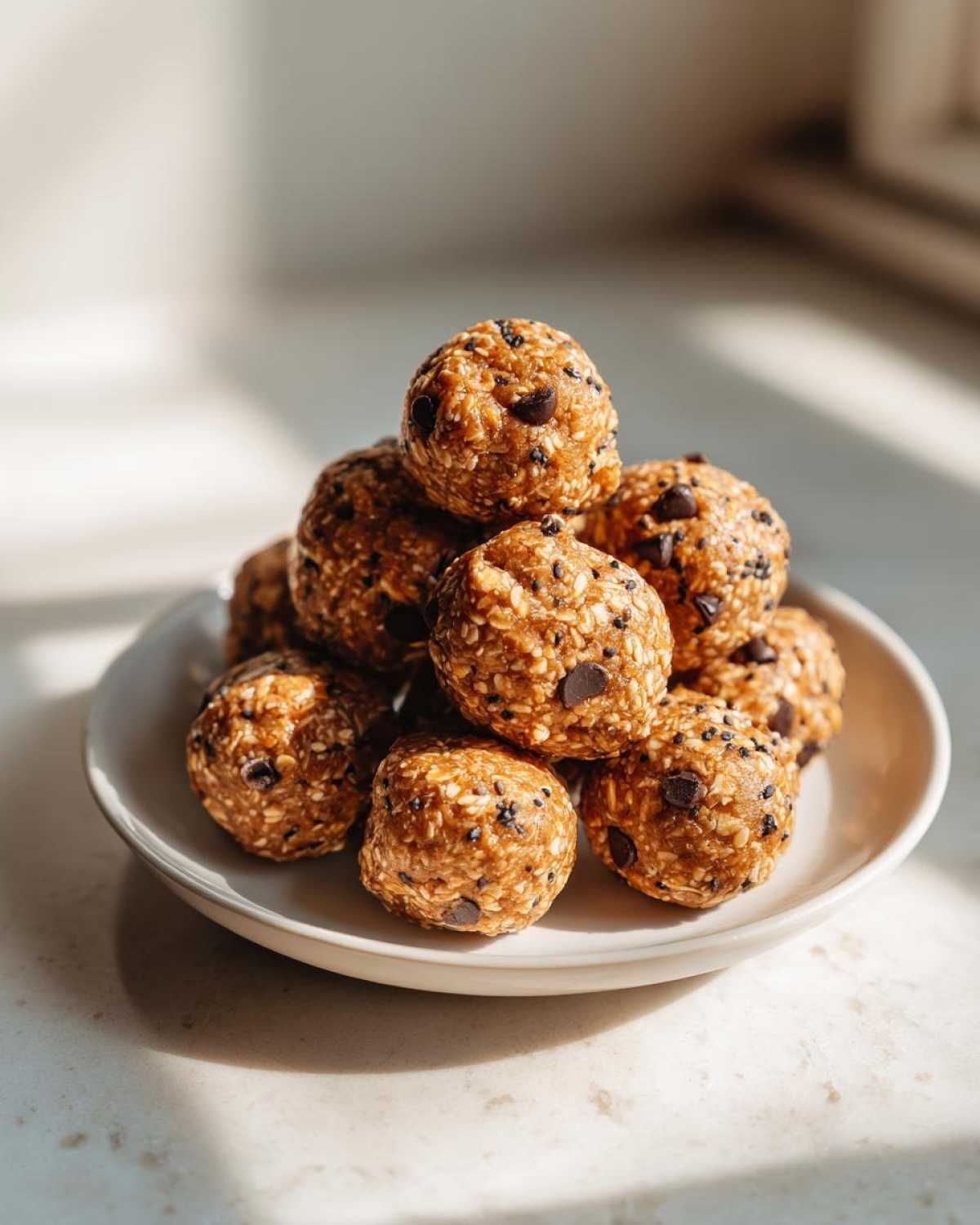 A stack of delicious oatmeal protein balls with chocolate chips on a white plate, ready to eat.