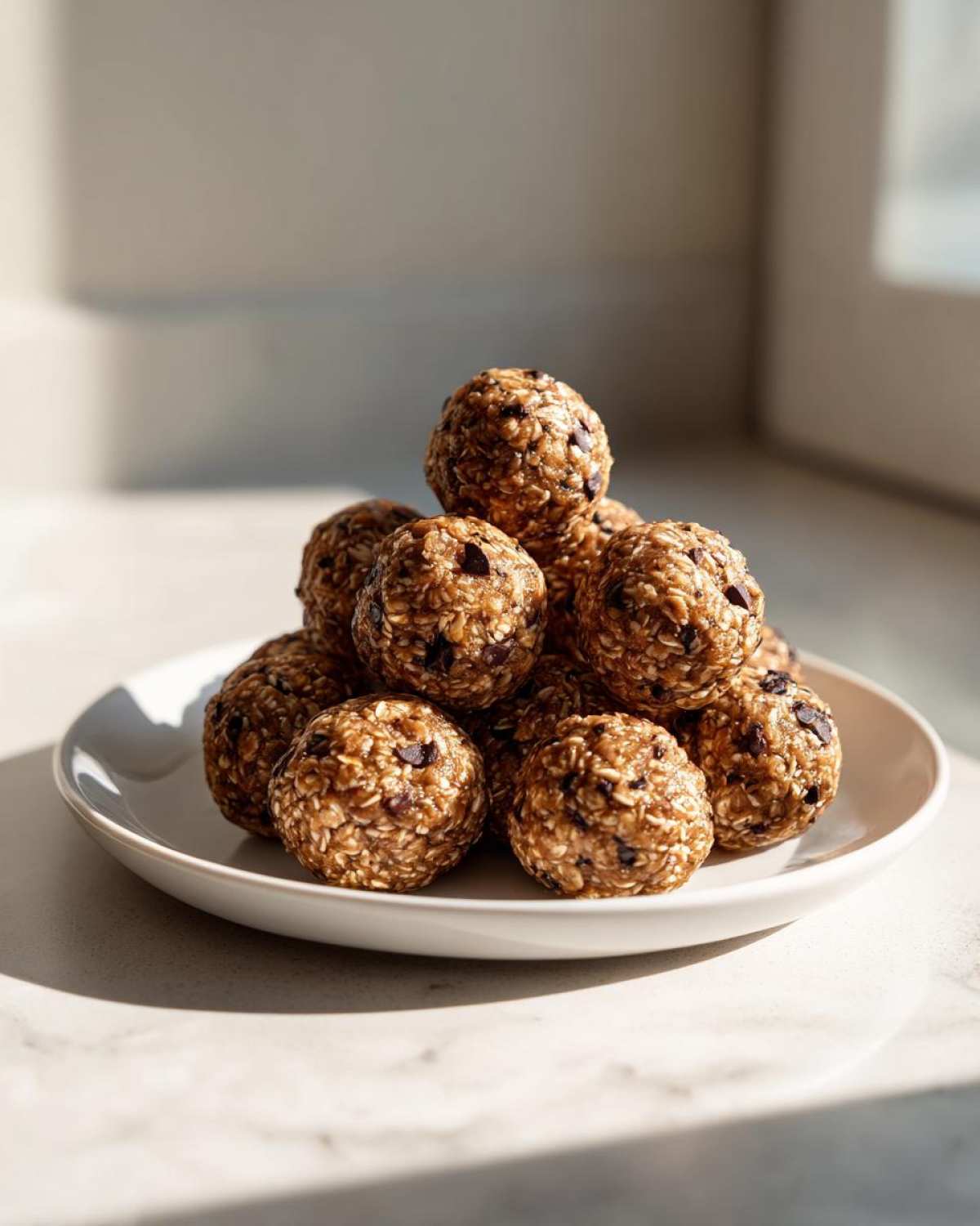 A stack of homemade oatmeal protein balls with chocolate chips on a white plate, ready to eat.