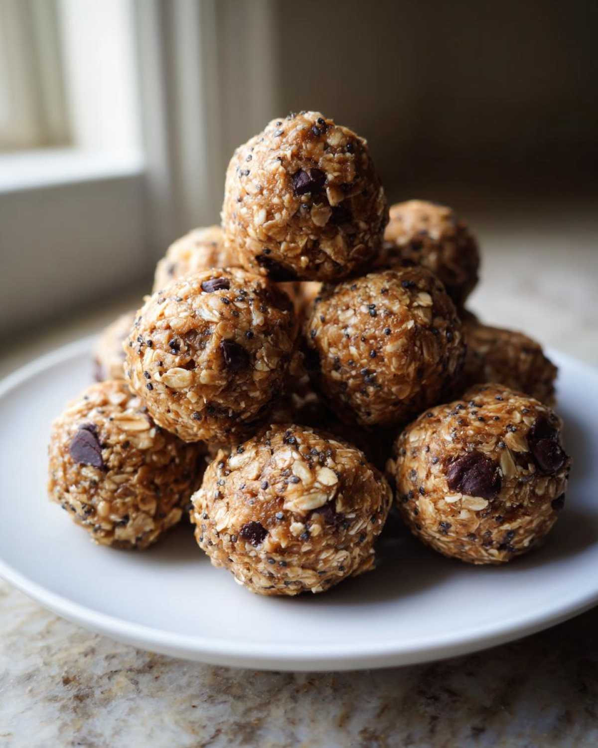 A stack of homemade oatmeal protein balls with oats, chocolate chips, and seeds on a white plate.