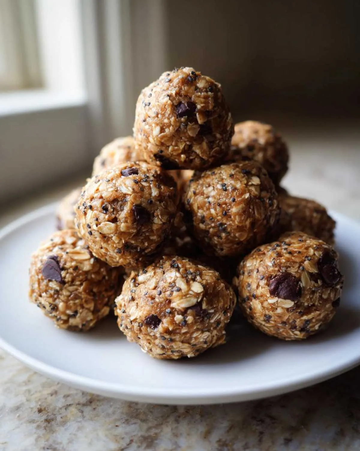 A stack of homemade oatmeal protein balls with oats, chocolate chips, and seeds on a white plate.