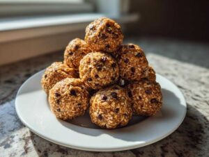 A stack of delicious oatmeal protein balls with chocolate chips on a white plate, ready to eat.