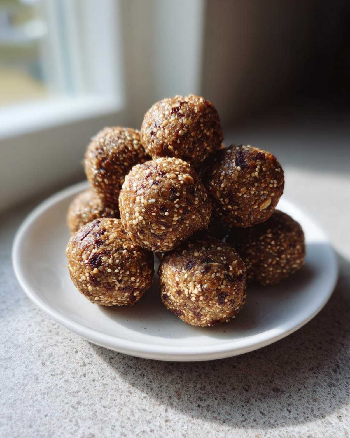 A stack of homemade oatmeal protein balls on a white plate, ready to eat. Delicious and healthy snack.