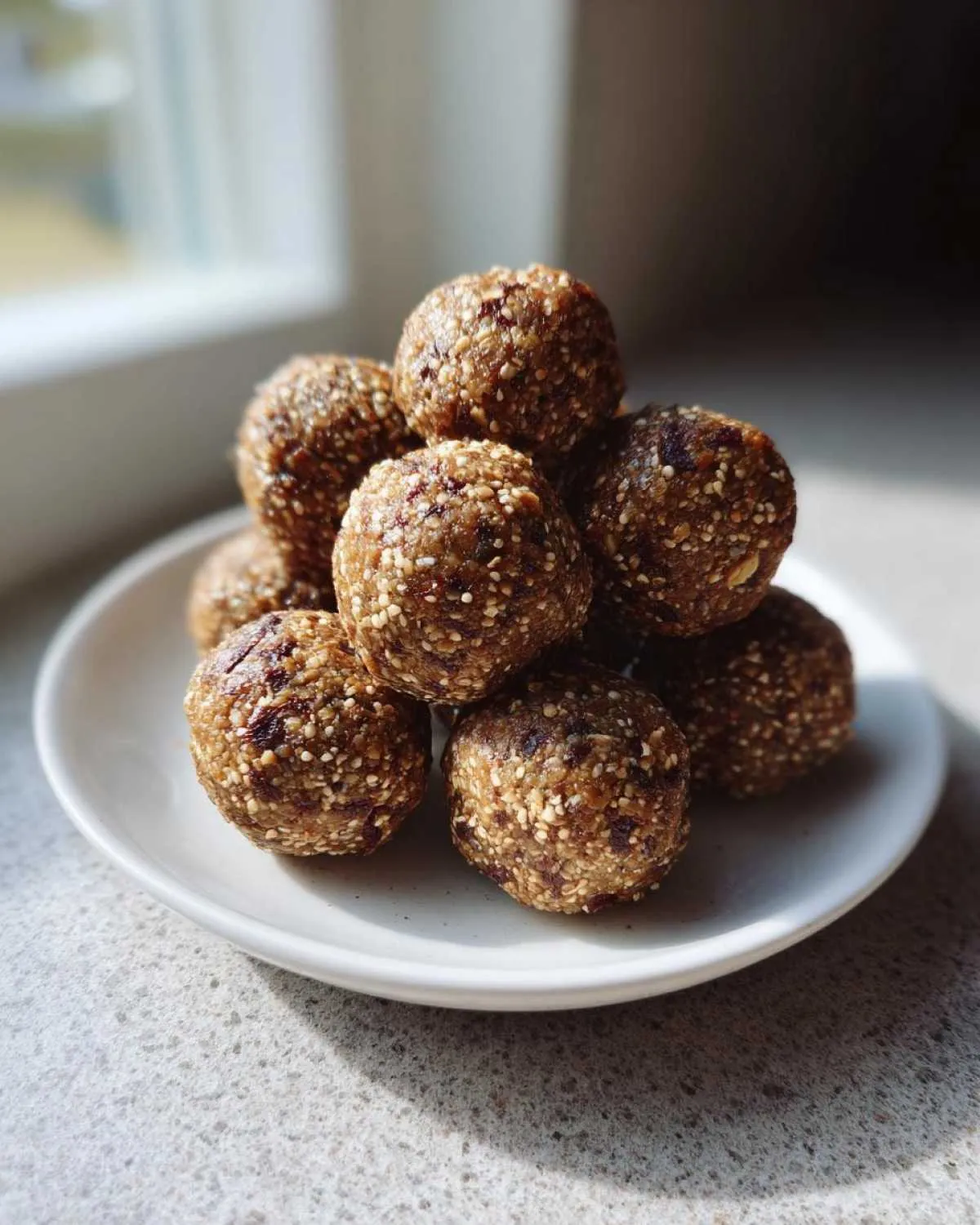 A stack of homemade oatmeal protein balls on a white plate, ready to eat. Delicious and healthy snack.
