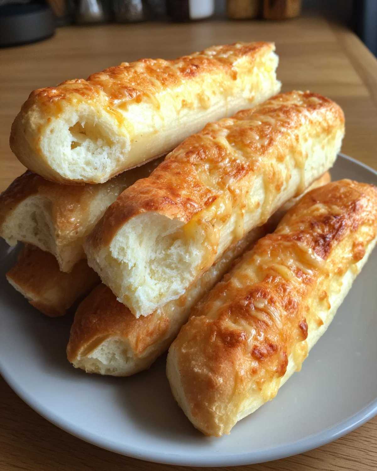 A stack of golden brown, soft Olive Garden breadsticks topped with melted cheese on a grey plate.