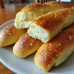 Close-up of golden brown, soft Olive Garden breadsticks with a slightly crisp topping.