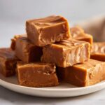 A stack of creamy peanut butter fudge recipe squares on a white plate, ready to eat.