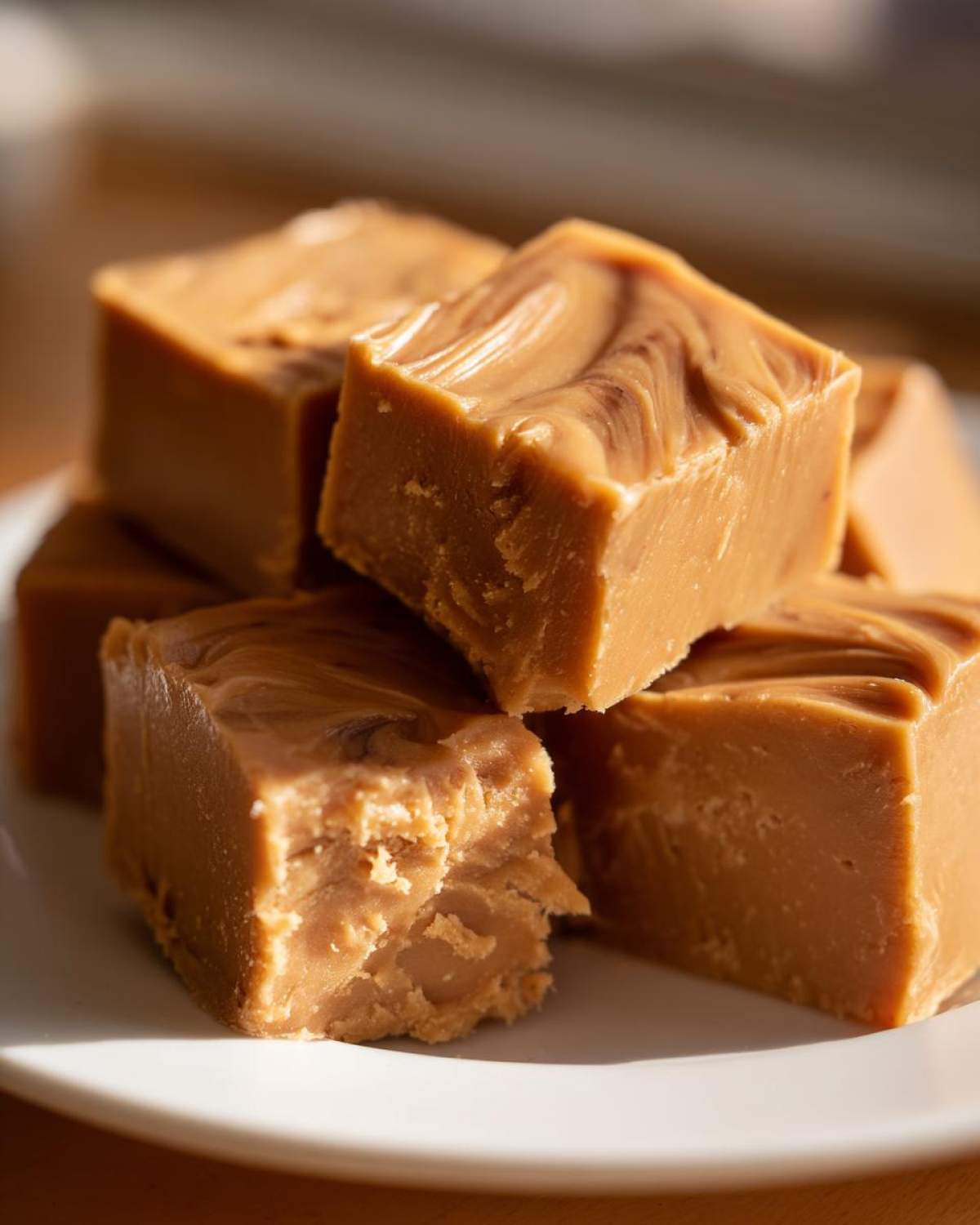 Close-up of stacked squares of creamy peanut butter fudge recipe on a white plate.