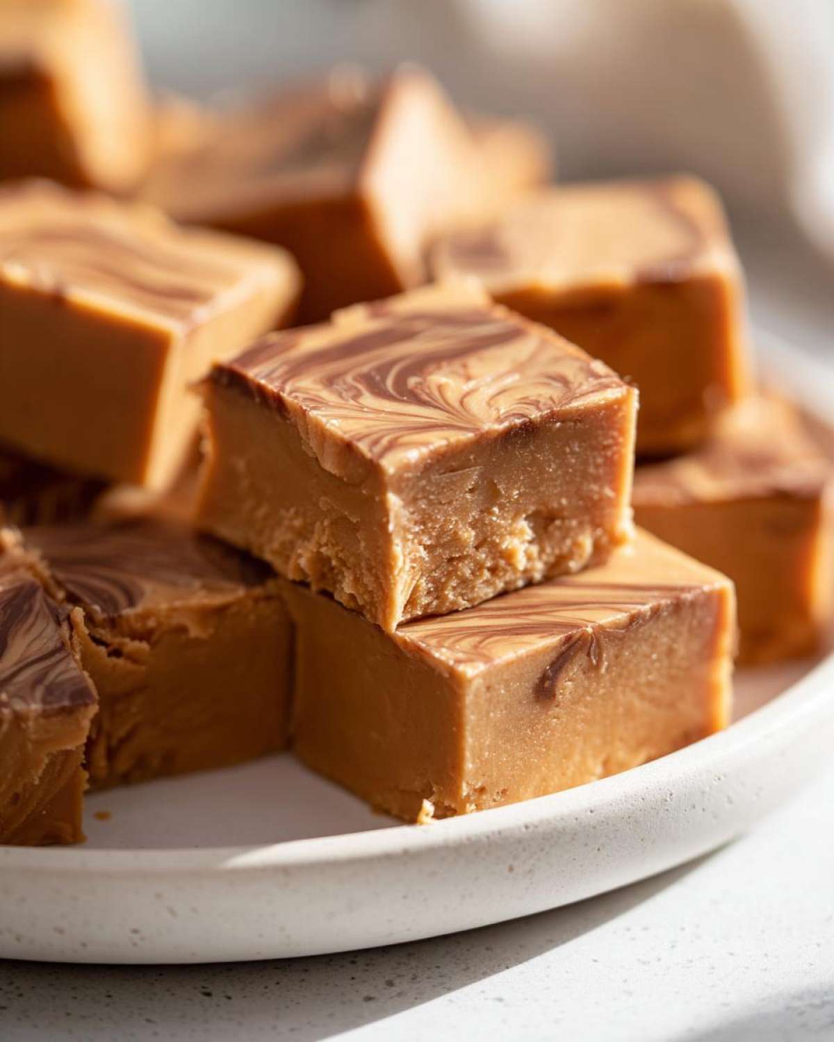 Close-up of creamy peanut butter fudge recipe squares with a chocolate swirl on a white plate.