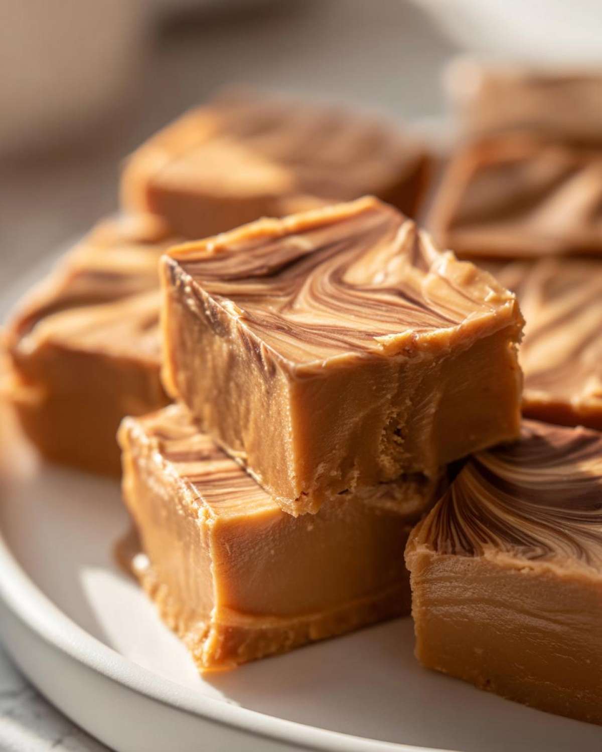 Close-up of creamy peanut butter fudge recipe squares with a chocolate swirl on a white plate.