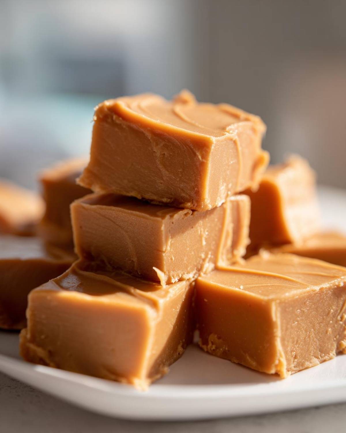 A stack of creamy peanut butter fudge recipe squares on a white plate, ready to eat.