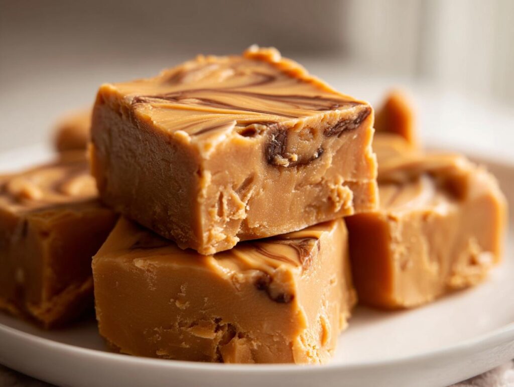 Close-up of stacked squares of creamy peanut butter fudge recipe with chocolate swirl on a white plate.