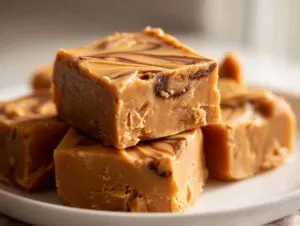 Close-up of stacked squares of creamy peanut butter fudge recipe with chocolate swirl on a white plate.