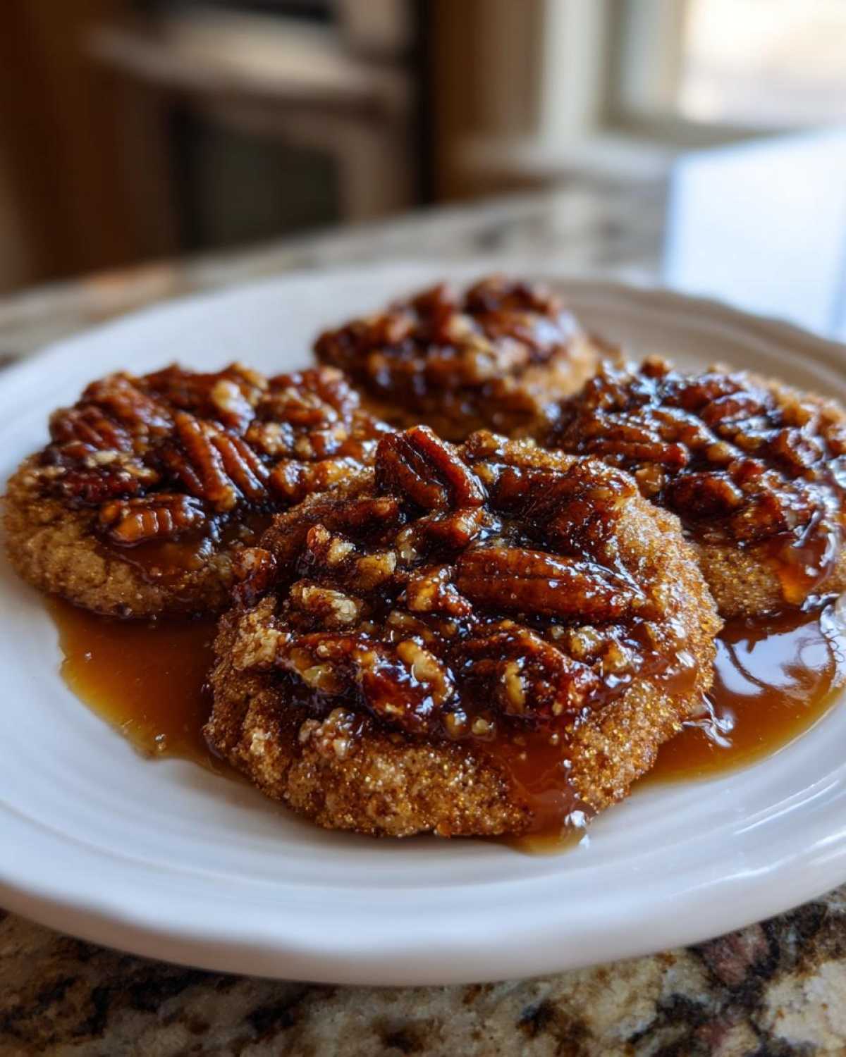 A close-up of four pecan pie cookies topped with whole pecans and a rich caramel glaze.