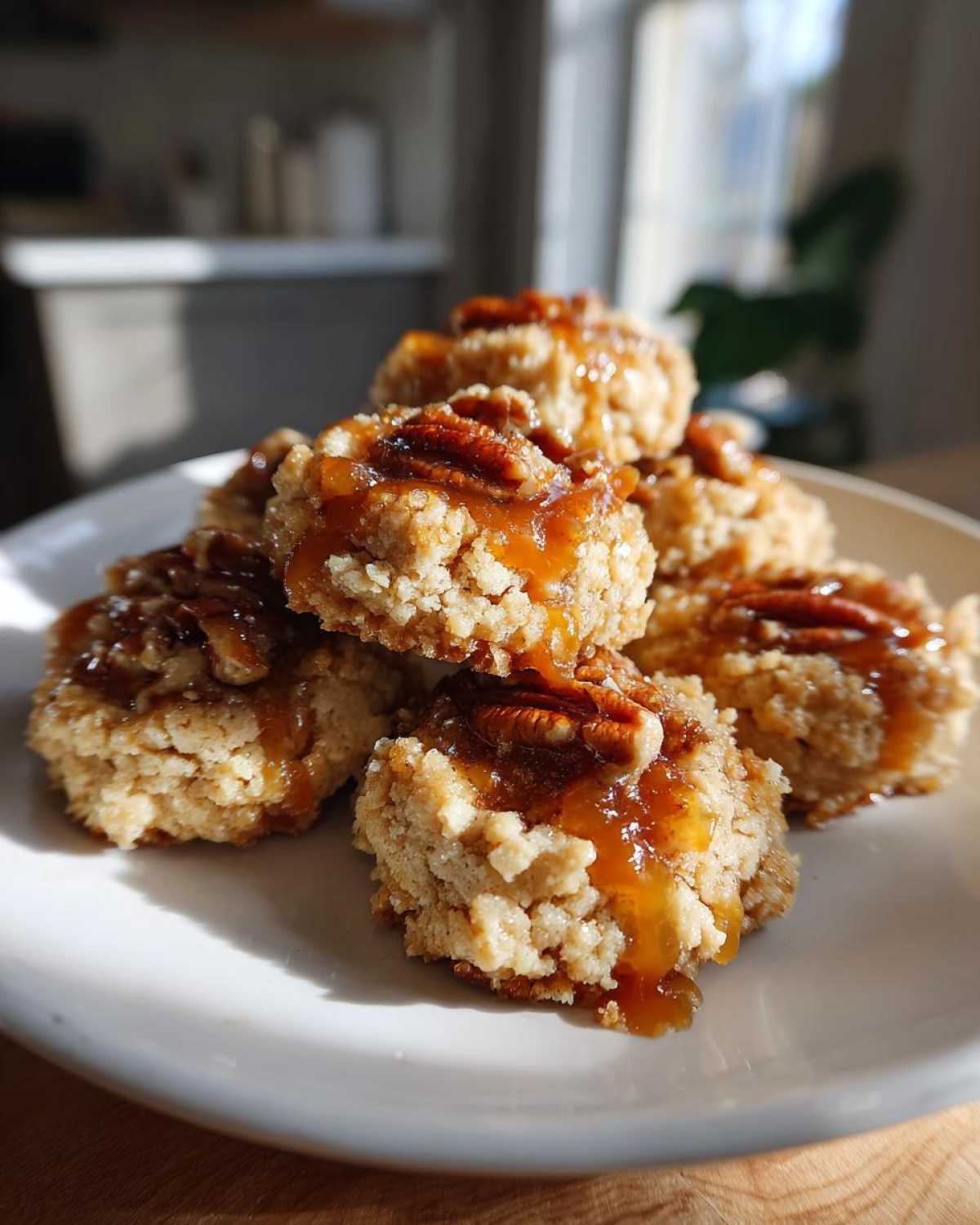 A close-up of a stack of pecan pie cookies, topped with caramel drizzle and whole pecans.