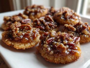 Close-up of several delicious pecan pie cookies topped with chopped pecans and a glossy caramel-like filling.