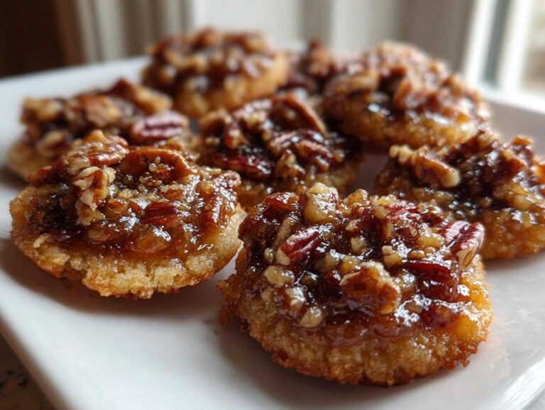 Close-up of several delicious pecan pie cookies topped with chopped pecans and a glossy caramel-like filling.