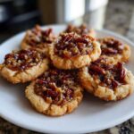 A close-up of several freshly baked pecan pie cookies, topped with a gooey pecan filling, on a white plate.