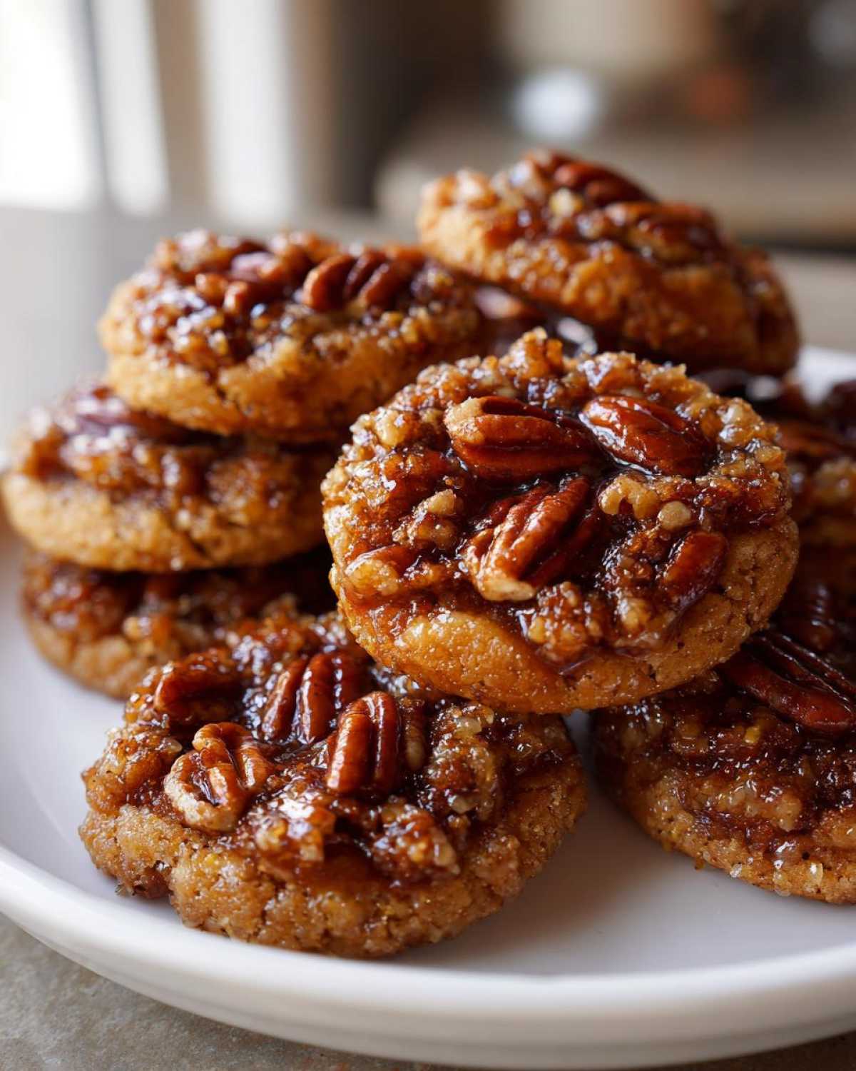 A close-up of a stack of delicious pecan pie cookies, topped with whole pecans and a glossy caramel glaze.