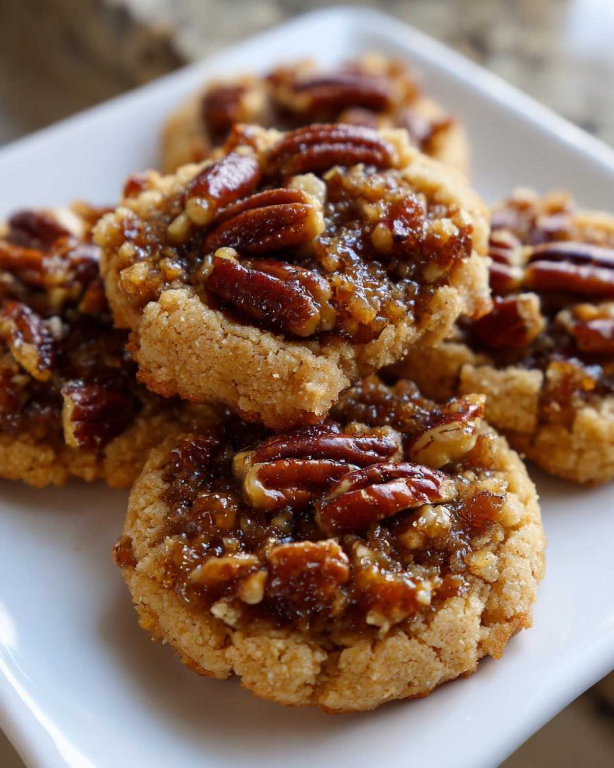 Close-up of several homemade pecan pie cookies topped with whole pecans and a gooey filling.