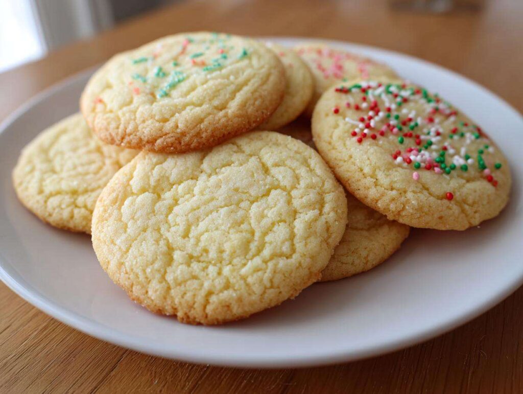 A close-up of a plate of perfect sugar cookies, some decorated with colorful sprinkles.