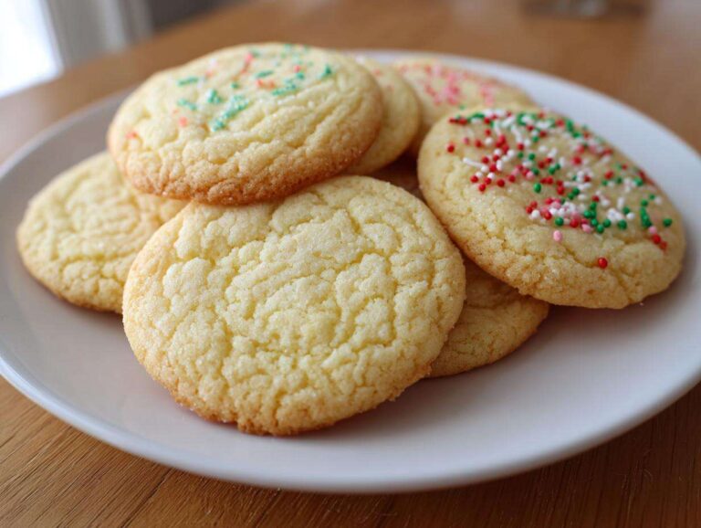 A close-up of a plate of perfect sugar cookies, some decorated with colorful sprinkles.