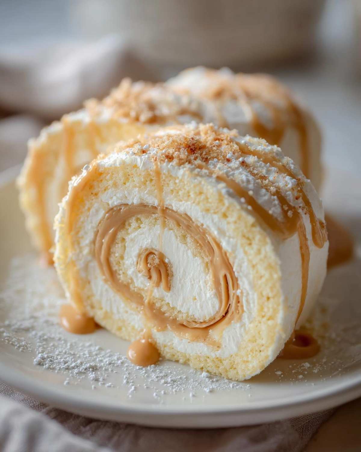 Close-up of a slice of potato candy roll, filled with cream and caramel, drizzled with caramel sauce and sprinkled with crumbs.