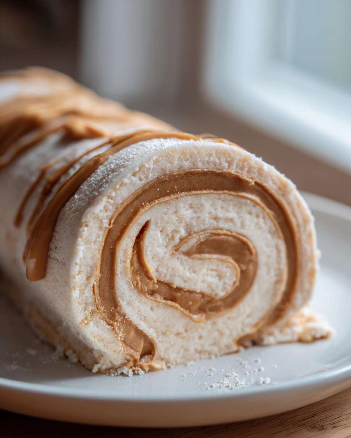 A close-up view of a rolled potato candy with a peanut butter filling, dusted with powdered sugar.