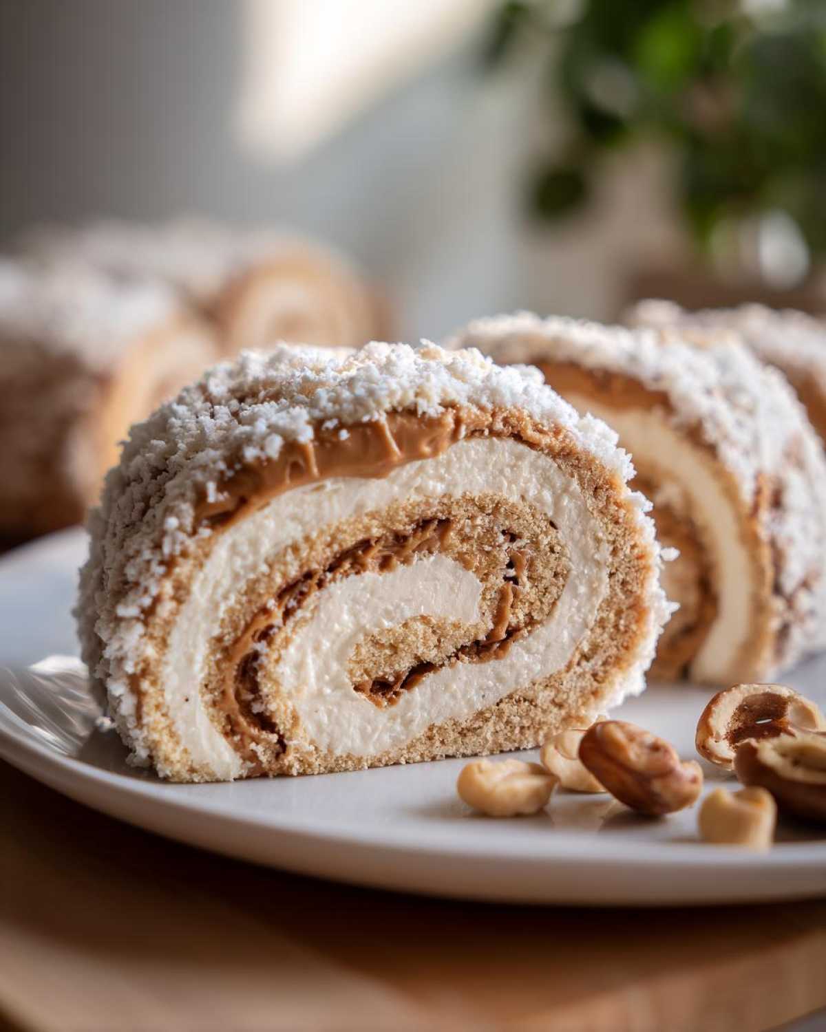 A slice of potato candy roll, covered in shredded coconut, with a creamy filling and caramel swirl, served on a white plate with nuts.