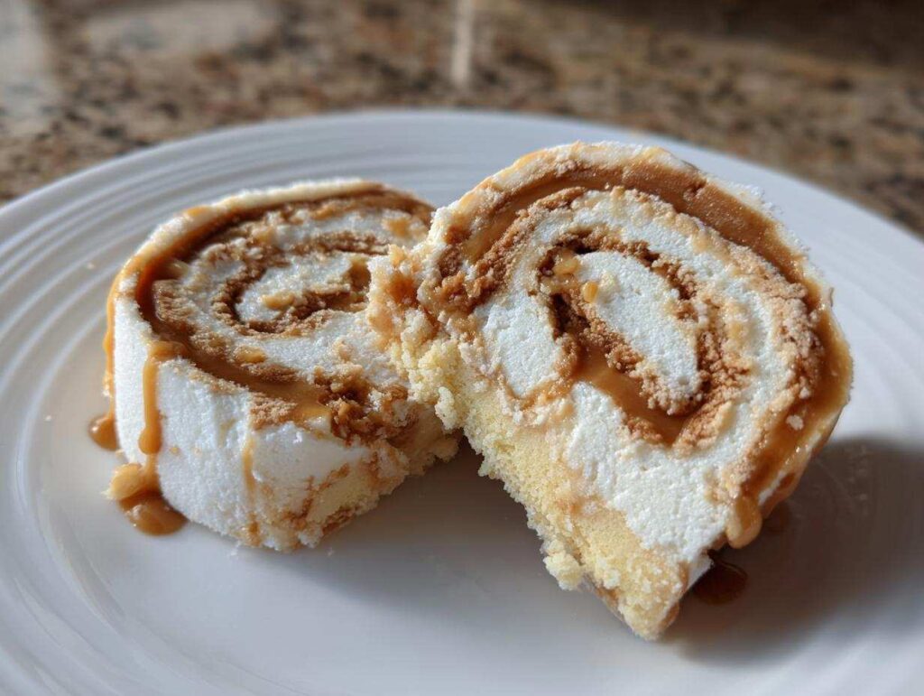A close-up of a slice of potato candy rolled with a creamy white filling and drizzled with caramel.