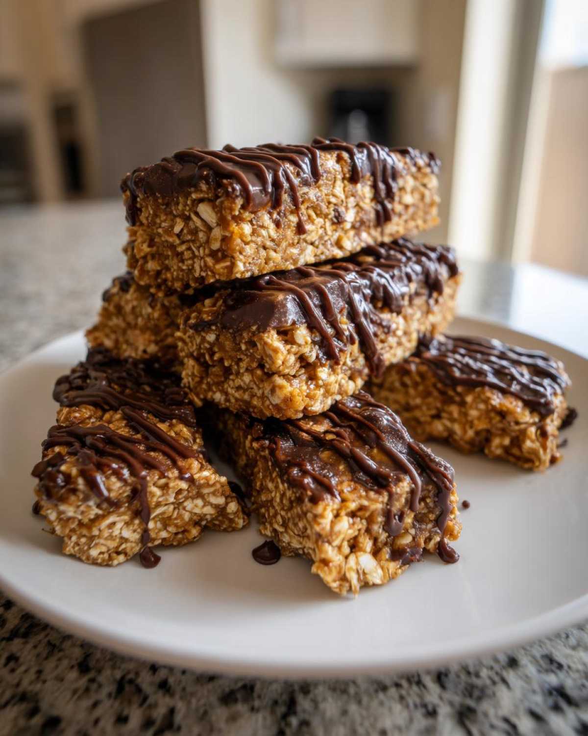 A stack of protein bars homemade, drizzled with dark chocolate on a white plate.