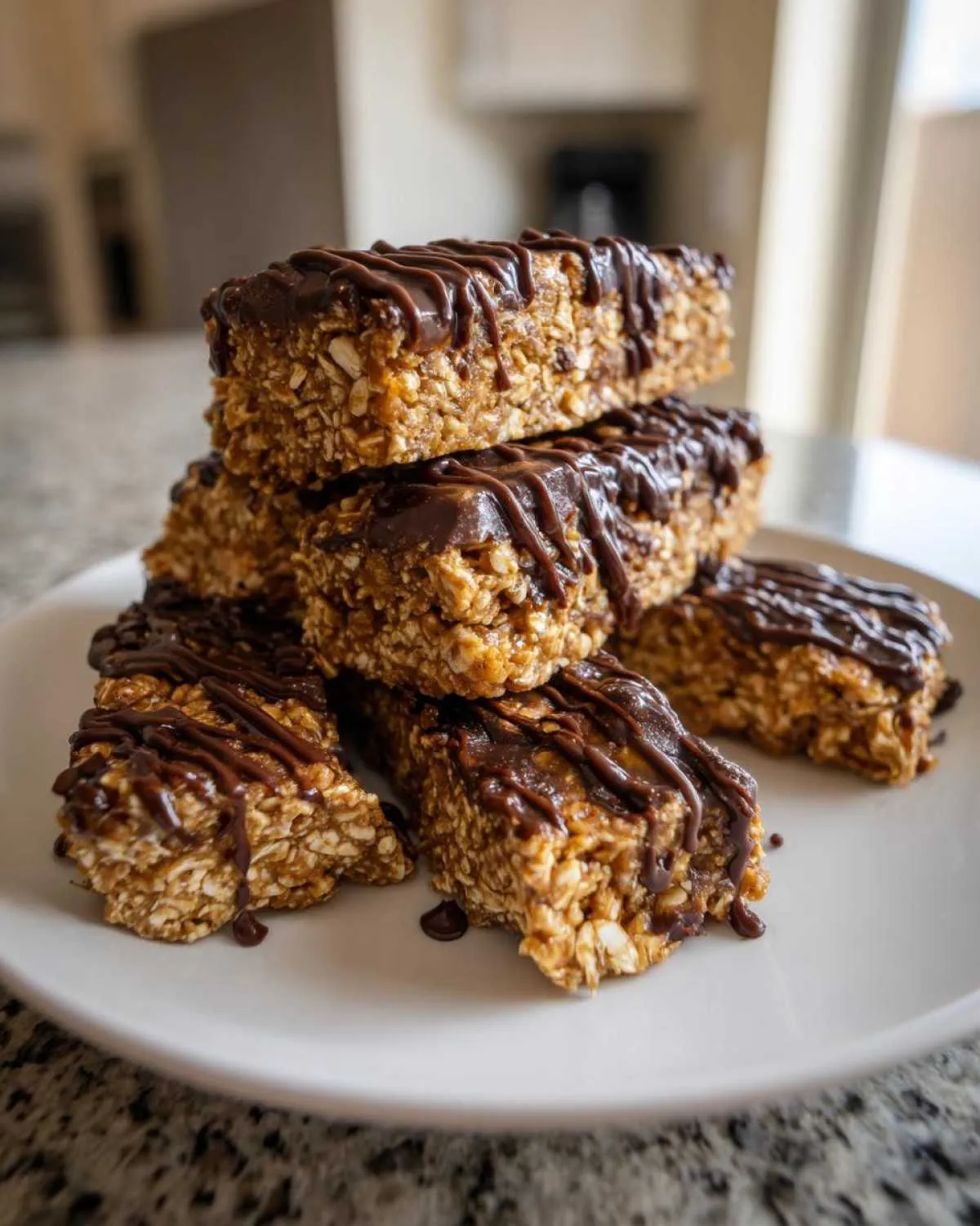 A stack of protein bars homemade, drizzled with dark chocolate on a white plate.