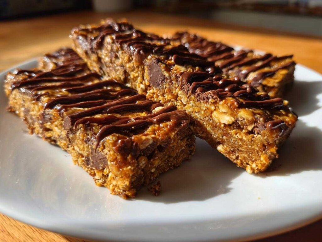 Three homemade protein bars drizzled with chocolate on a white plate. Perfect protein bars homemade recipe.