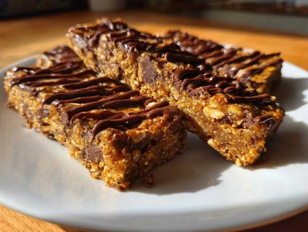 Three homemade protein bars drizzled with chocolate on a white plate. Perfect protein bars homemade recipe.