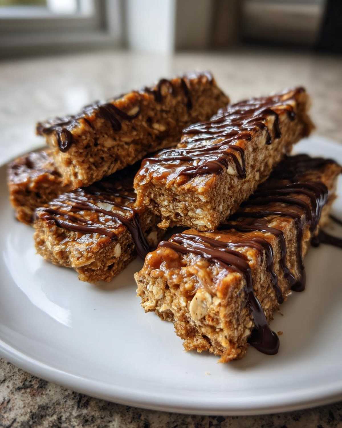 A stack of homemade protein bars drizzled with chocolate on a white plate. Perfect for a healthy snack.