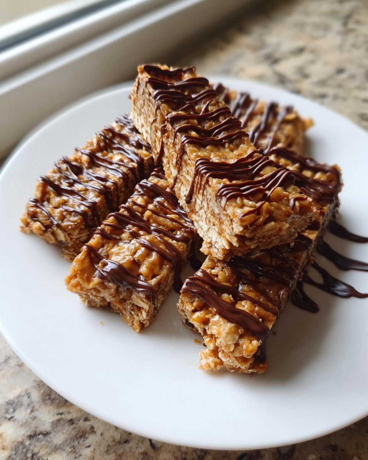 A stack of protein bars homemade drizzled with chocolate on a white plate, ready to eat.
