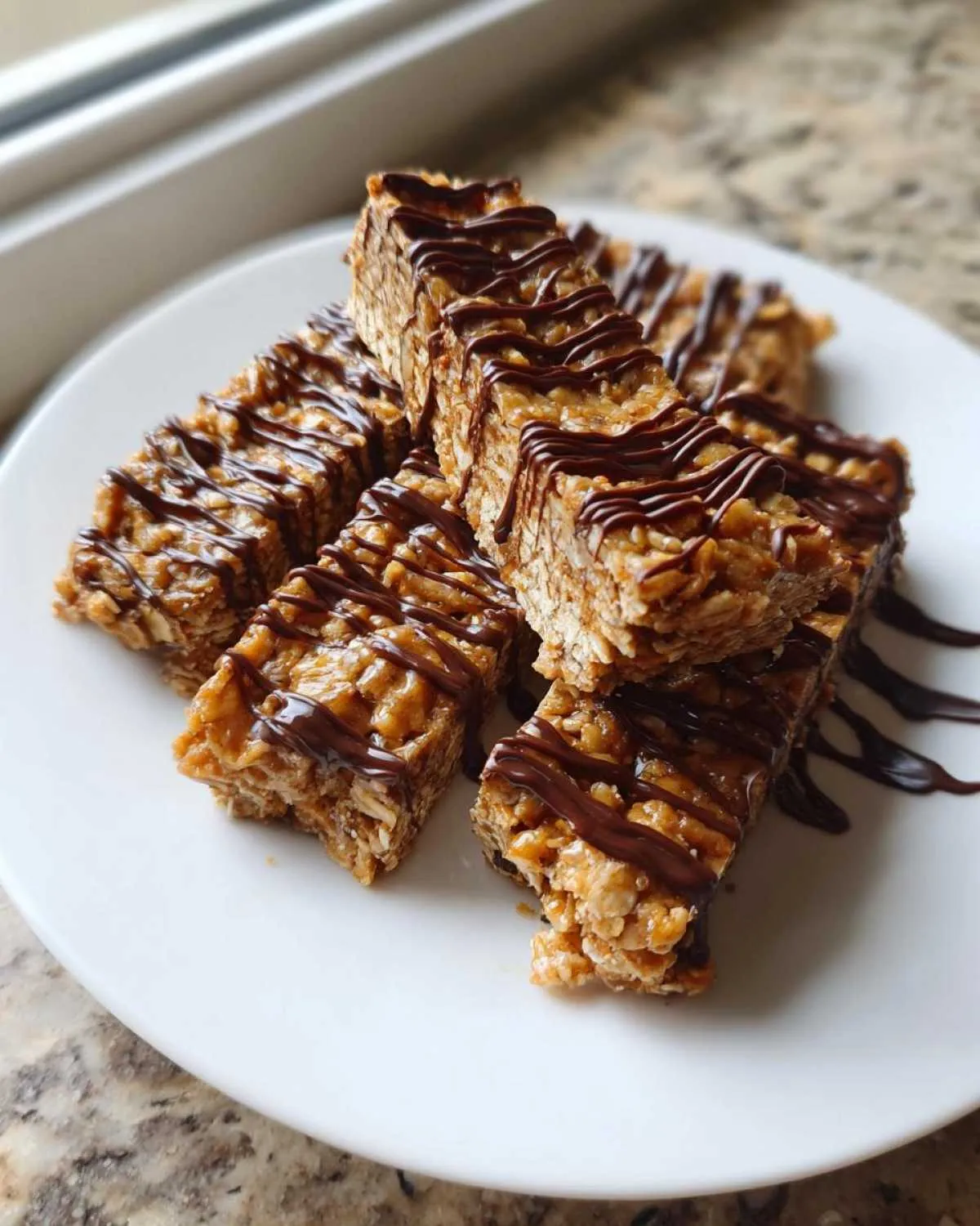 A stack of protein bars homemade drizzled with chocolate on a white plate, ready to eat.