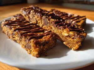 Three homemade protein bars drizzled with chocolate on a white plate. Perfect protein bars homemade recipe.