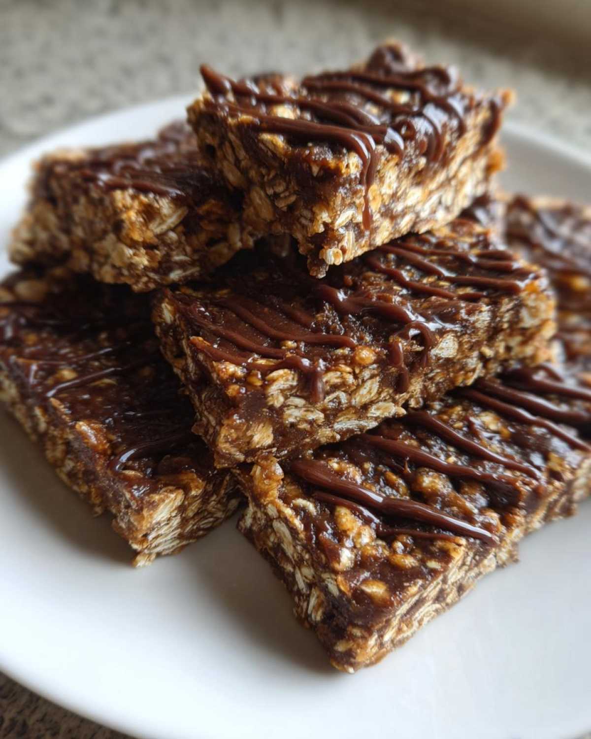 A stack of homemade protein bars drizzled with chocolate on a white plate. Easy protein bars homemade recipe.