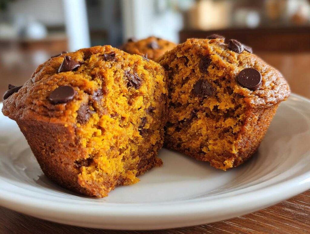 Close-up of a halved pumpkin banana muffin with chocolate chips on a white plate.