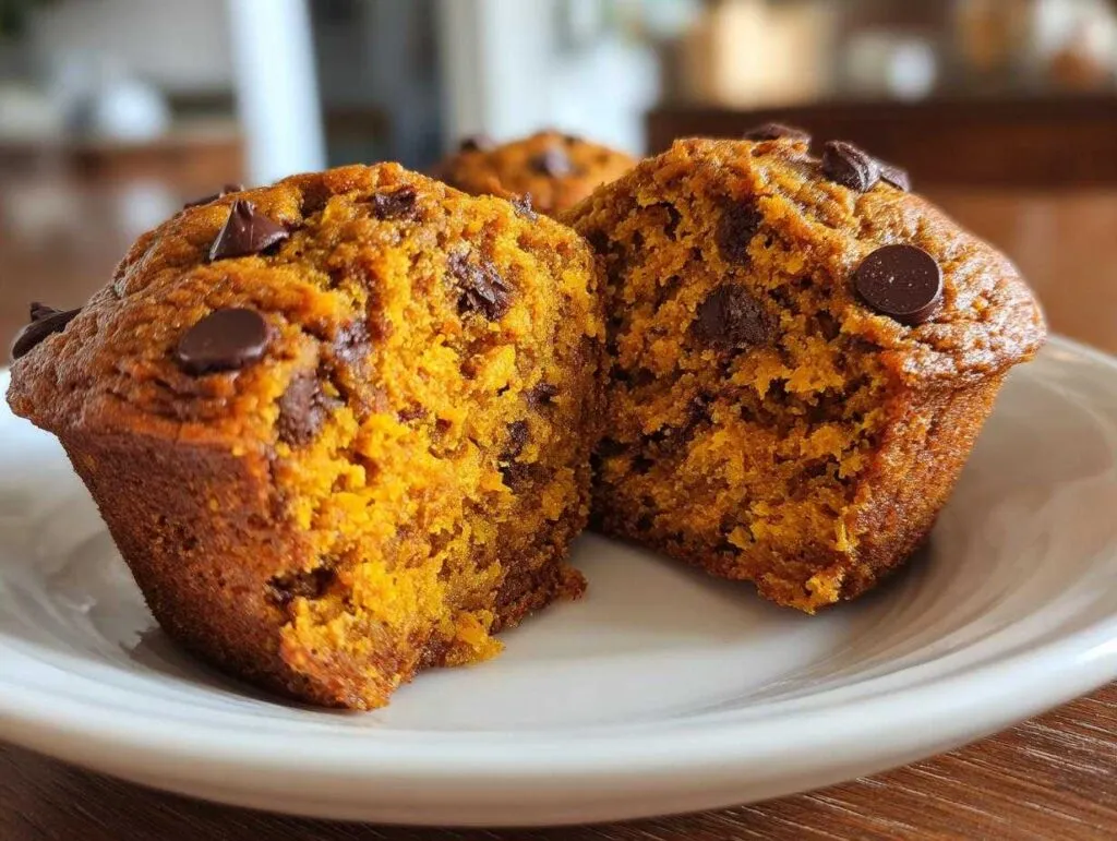 Close-up of a halved pumpkin banana muffin with chocolate chips on a white plate.