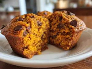 Close-up of a halved pumpkin banana muffin with chocolate chips on a white plate.