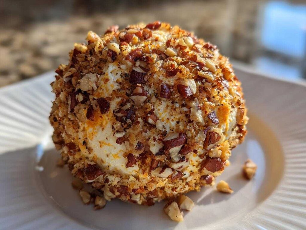 A delicious pumpkin cheese ball coated in chopped pecans, sitting on a white plate.