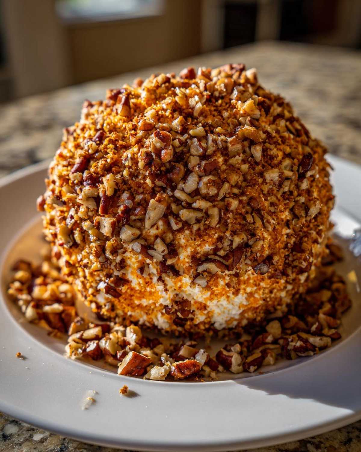 Delicious pumpkin cheese ball coated in chopped pecans, served on a white plate.