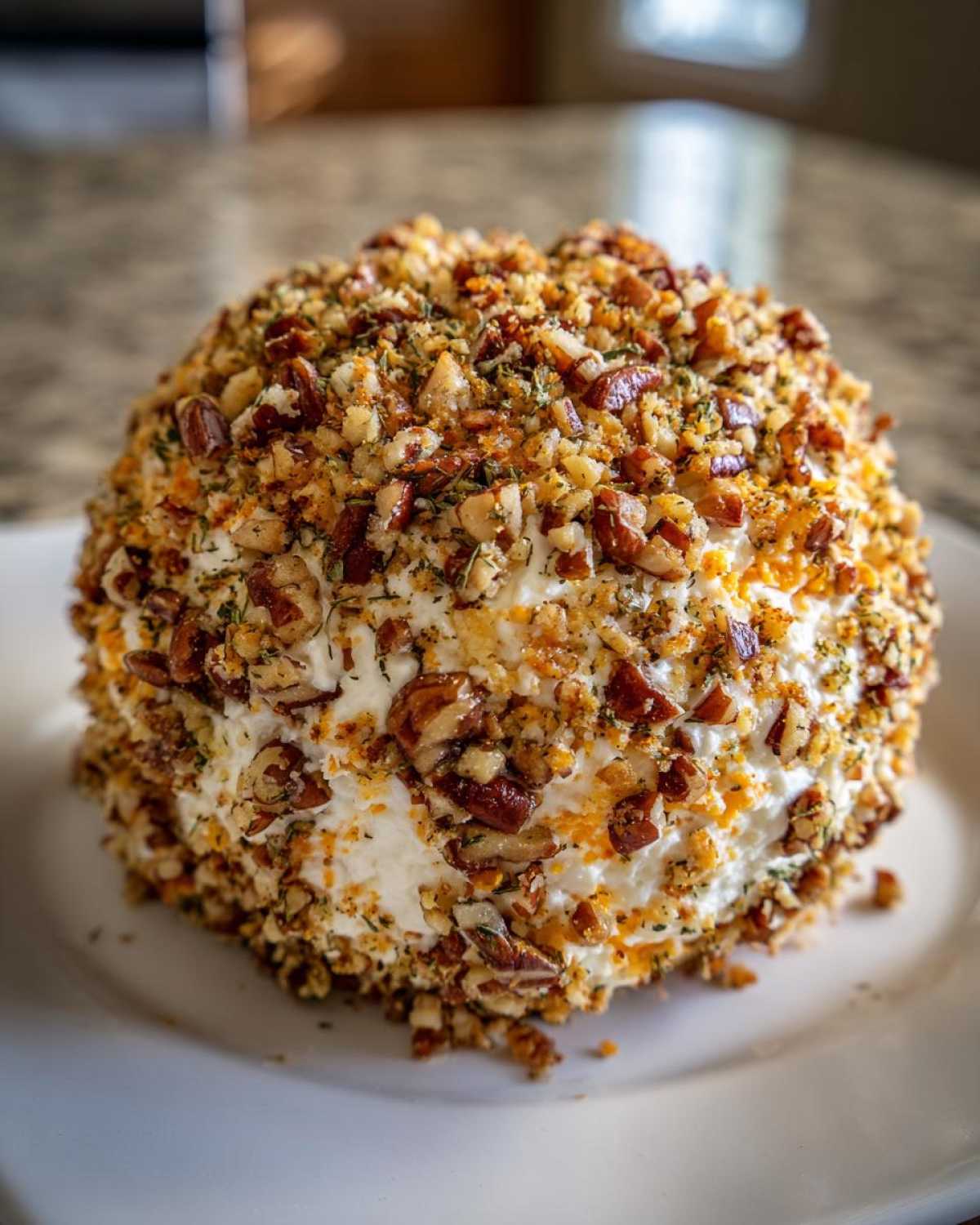 A delicious pumpkin cheese ball coated in chopped pecans and herbs, ready to be served.