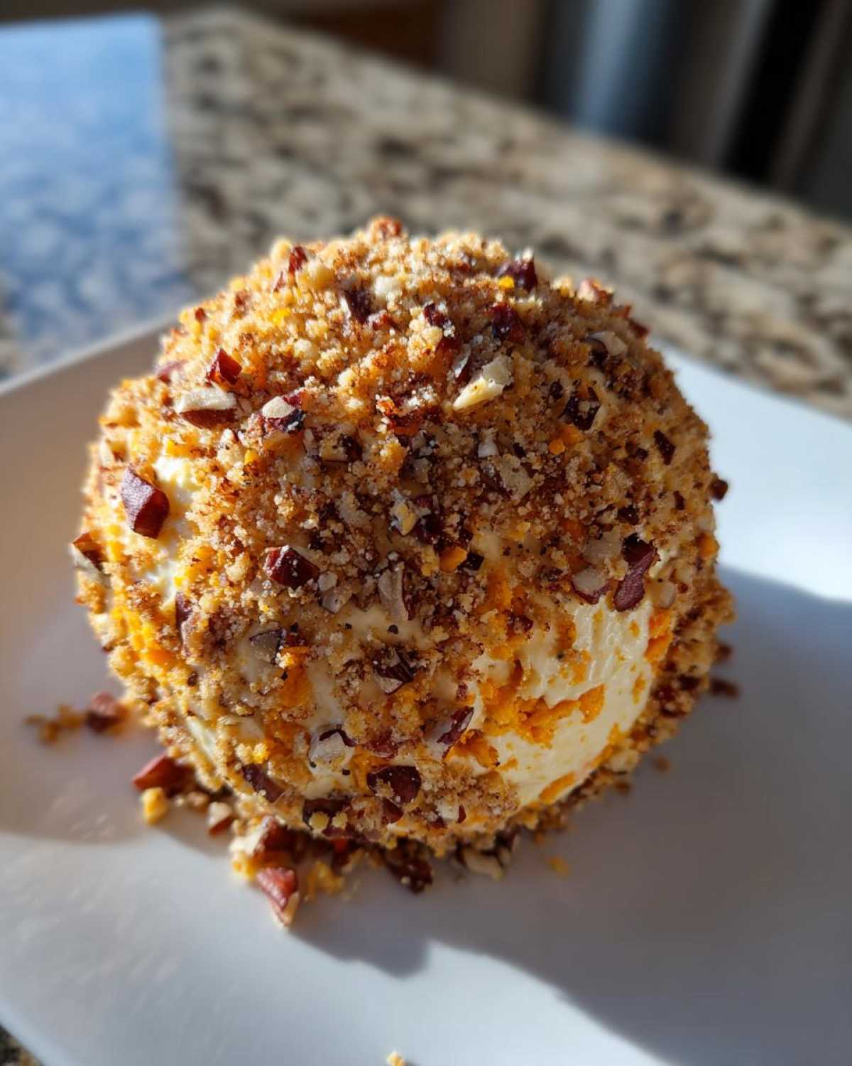 A delicious pumpkin cheese ball coated in pecans and spices, ready to be served.